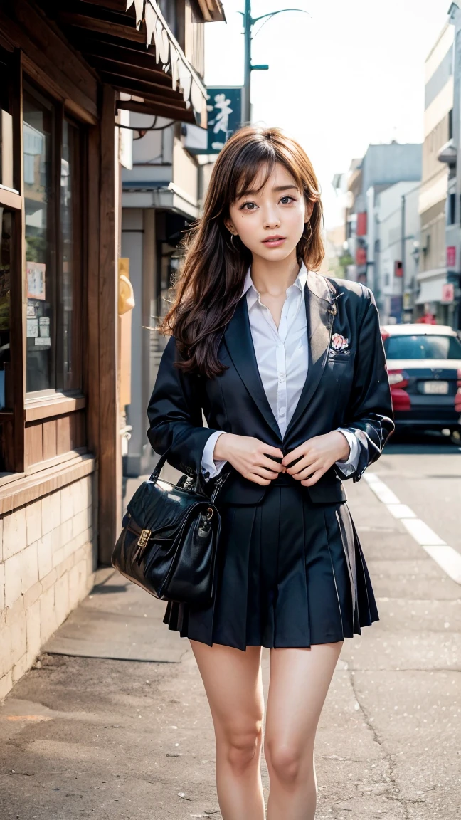 a beautiful 18 year old Japanese high school girl with perfect anatomy, healthy thighs, beautiful legs, beautiful skin, random hair color and style, large breasts, (wearing a Japanese schoolgirl uniform:1.3), (she is standing:1.2), penny loafers, holding a student bag, full body shot, standing on a city street, (best quality,4k,8k,highres,masterpiece:1.3),(extremely detailed:1.2), photorealistic, ultra-detailed, vivid colors, studio lighting, professional, Minami Tanaka