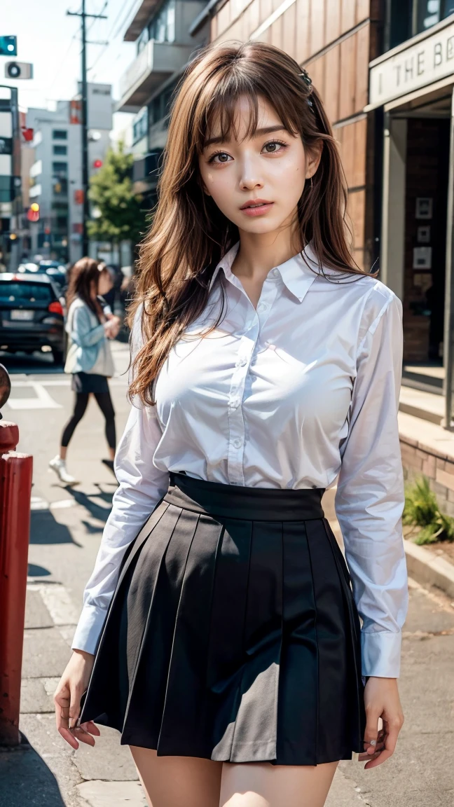 a beautiful 18 year old Japanese high school girl with perfect anatomy, healthy thighs, beautiful legs, beautiful skin, random hair color and style, large breasts, (wearing a Japanese schoolgirl uniform:1.3), (she is standing:1.2), penny loafers, holding a student bag, full body shot, standing on a city street, (best quality,4k,8k,highres,masterpiece:1.3),(extremely detailed:1.2), photorealistic, ultra-detailed, vivid colors, studio lighting, professional, Minami Tanaka