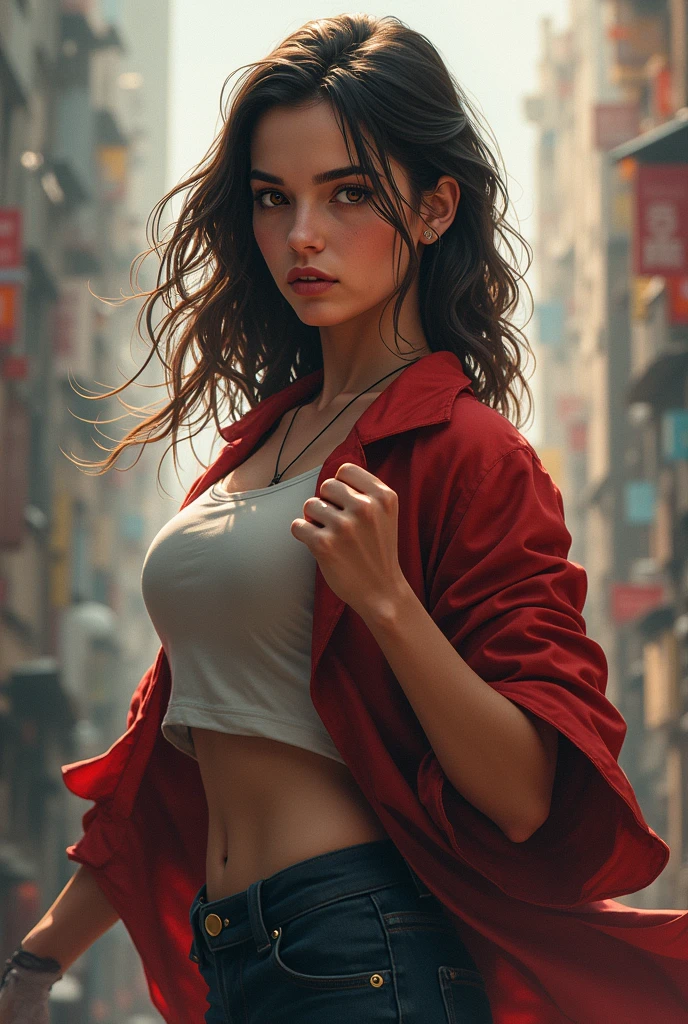 Image is a high-resolution photograph featuring a woman sitting on concrete steps in an urban setting. She has a light to medium skin tone, long dark hair styled in an elaborate updo with a red hair accessory, and striking blue eyes. She is wearing a red jacket over a sheer white top that reveals a significant amount of cleavage, and distressed blue jeans. The background includes a mix of modern and older buildings, with some greenery visible. The lighting suggests it is late afternoon or early evening, casting warm tones and shadows. The overall composition is balanced, with the subject centered and the steps leading the viewer's eye into the background.