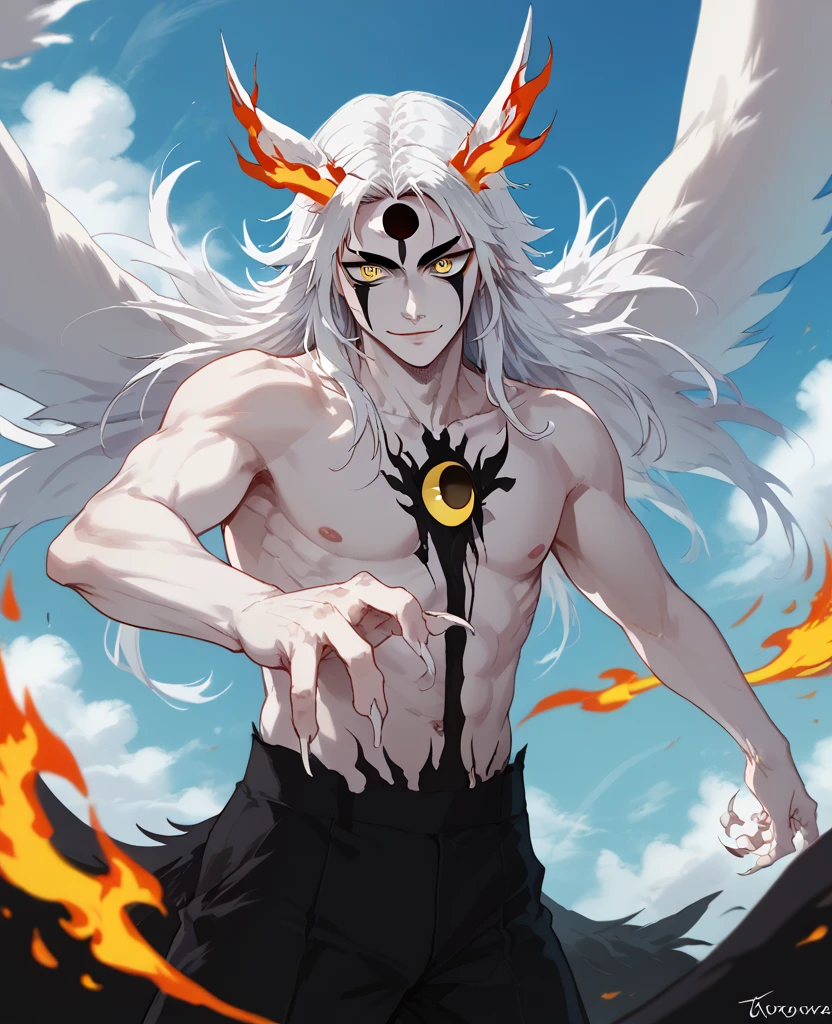 man, flaming hair, white skin, jentry chau style, anime style, fire powers, yellow eyes, white hair, third eye on forehead, voluminous hair, sky, smile, kitsune style, strong, Kyojuro Rengoku, cat eyes, eye on forehead, claws covered in fire