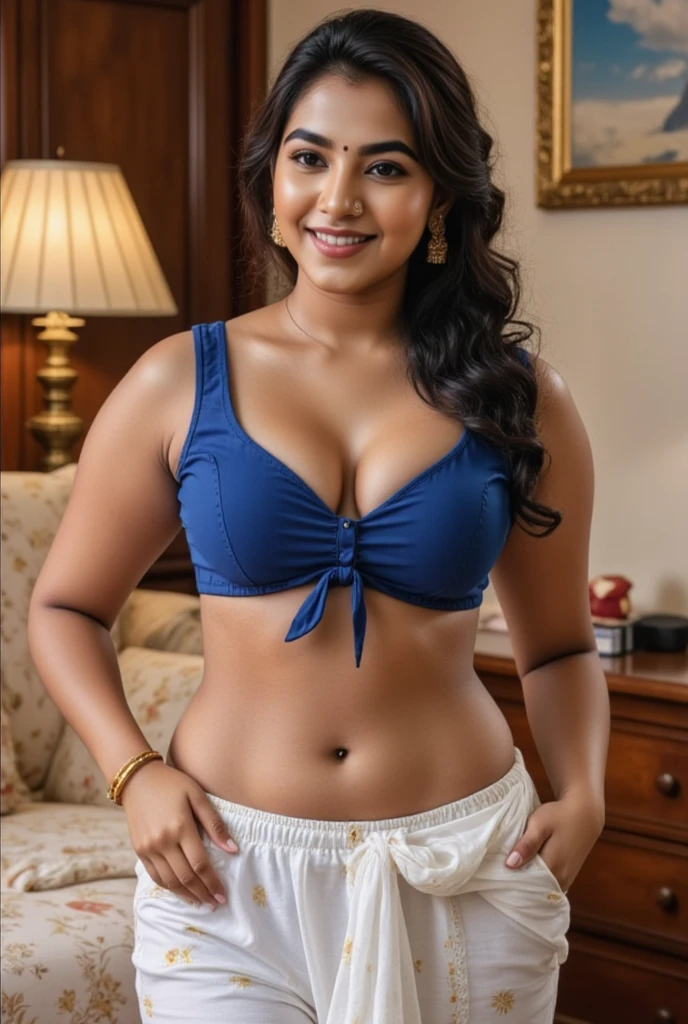 Sexy indian teenager in sleeveless night dress showing cleavage, naval, hourglass figur, Naughty smile, underarm, white skin