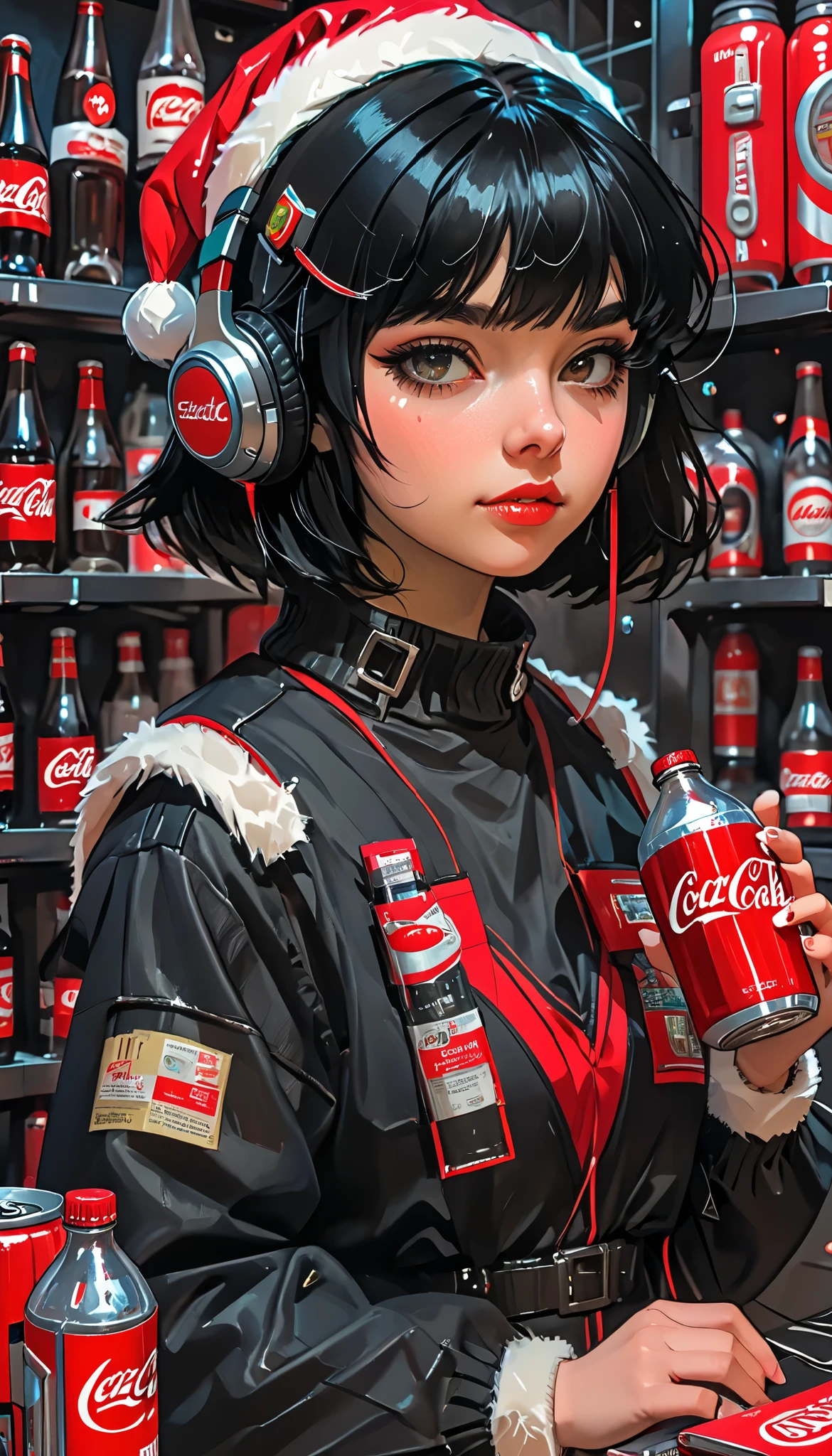 super zoom up on her face 、Close-up、sketch、KAWABI SAI、 girl、 black hair、 straight short hair 、bangs、 headphones、 cyberpunk、 helmet 、 Santa cosplay 、 Christmas、Holding a Coca-Cola bottle