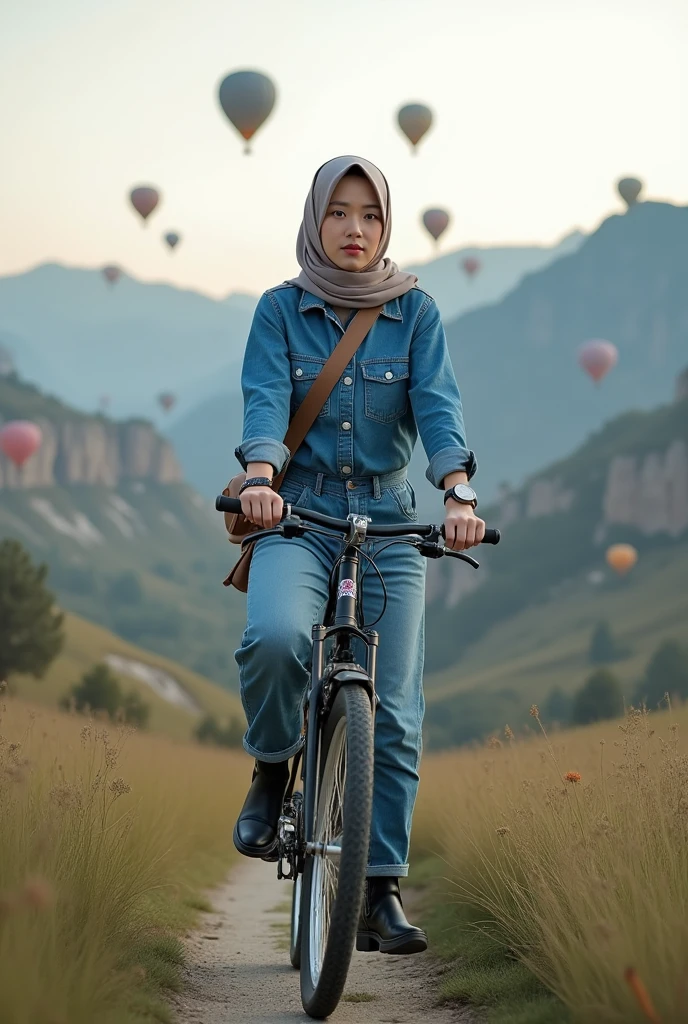 Beautiful Korean woman with white skin, clean and smooth, wearing a hijab, wearing a jeans jumpsuit, boots, wearing a bag, wearing a watch, riding a bicycle with a backdrop of mountain meadows, waterfalls, hot air balloons, original photo