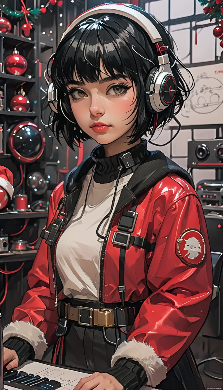 Hacker girl with hood on head,medium black hair with bangs,red color fringe lock,fat body,face in shadows,expression of boredom,heterochromia,eyes with different colors,blue eye and other brown,black leather jacket,sitting on a piano chair,playing piano,hand drawing,illustration,art nouveau,tarot cards