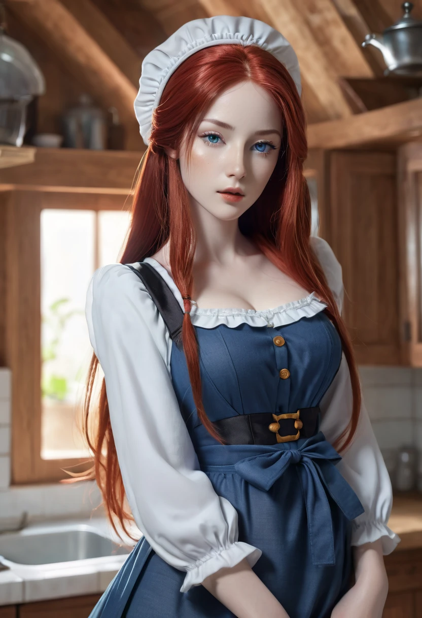 ((ultra quality)), ((Masterpiece)), ((8K)), ((elf house worker)), ((long red hair)), (Beautiful face), (Dark lips), charming, ((sexy facial expression)), looks at the camera, eyes closed a little, (skin color dark blue), (dark blue skin), glare on the body, ((detailed beautiful female eyes)), ((Light blue eyes)), (beautiful female lips), (dark eyeliner), (beautiful female hands), ((Ideal female figure)), Ideal female body, beautiful waist, beautiful hips, Medium breasts, (cloth: housemaid costume), ((subtle and beautiful)), stands temptingly (face close up), background: big fantasy, house kitchen, ((depth of field)), ((high quality clear image)), (clear details), ((High detail)), realistically, ((Clear Focus))