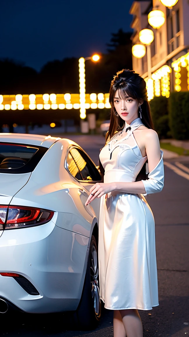 reality，night，  next to a city lane ， next to a yellow sports car ， A pretty Chinese girl，bangs,  long hair ,Make-up girl ，detail, masterpiece,  dressed in a white coat ， black leather jacket ， black leather jacket 短裙， dark pantyhose ， black heels ，  two hands tucked in the waist ，high detail, Precise, illustration, 