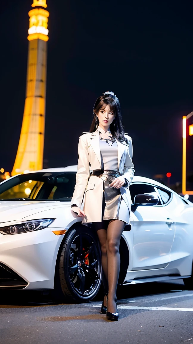 reality，night，  next to a city lane ， next to a yellow sports car ， A pretty Chinese girl，bangs,  long hair ,Make-up girl ，detail, masterpiece,  dressed in a white coat ， black leather jacket ， black leather jacket 短裙， dark pantyhose ， black heels ，  two hands tucked in the waist ，high detail, Precise, illustration, 