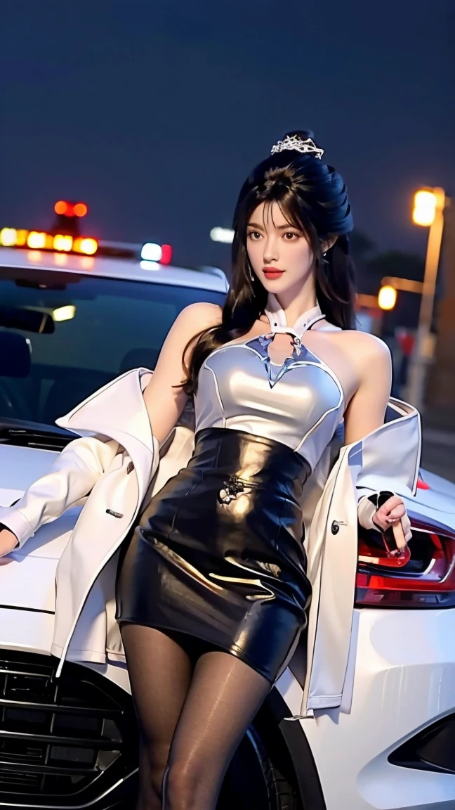 reality，night，  next to a city lane ， next to a yellow sports car ， A pretty Chinese girl，bangs,  long hair ,Make-up girl ，detail, masterpiece,  dressed in a white coat ， black leather jacket ， black leather jacket 短裙， dark pantyhose ， black heels ，  two hands tucked in the waist ，high detail, Precise, illustration, 