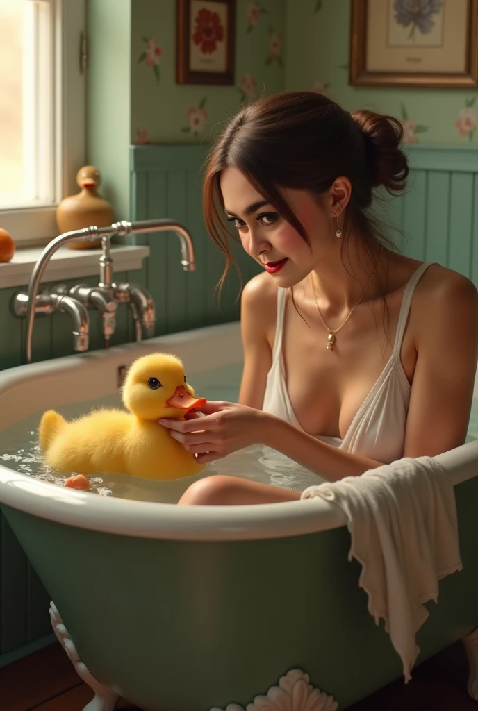 A woman in a retro pin-up style, with dark hair, a bob, wearing a casual bathing suit, in the bathtub with ducks."