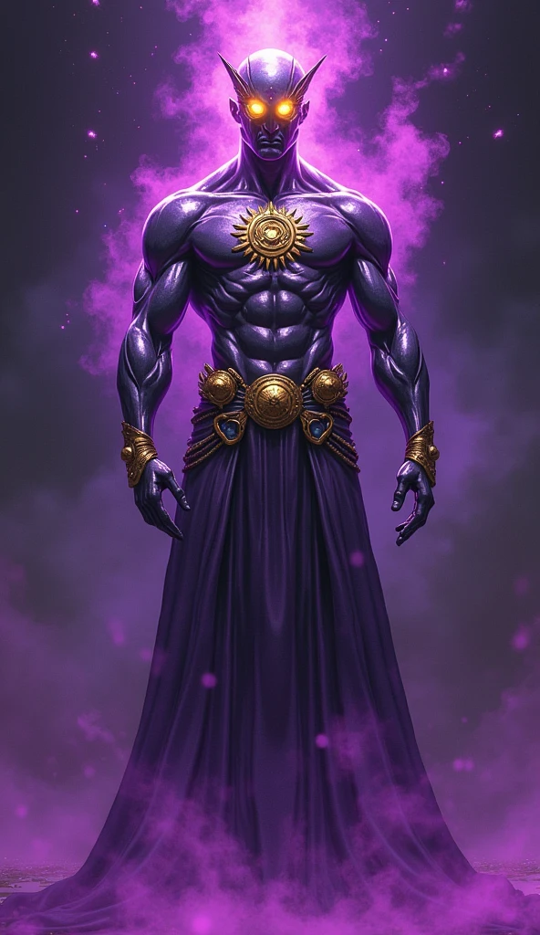 A tall, muscular man is standing in front of a purple portal. He's shirtless, and his body is covered with very obvious scars and he has no weapon this one with his hands free. He wears a white leather mask with a bald theatrical smile, and his pants and shoes are baggy. He holds a sword in his right hand. The man is standing in silence, seus olhos fixos no portal. The portal is glowing with a purple light, e um som de assobio pode ser ouvido vindo de dentro.