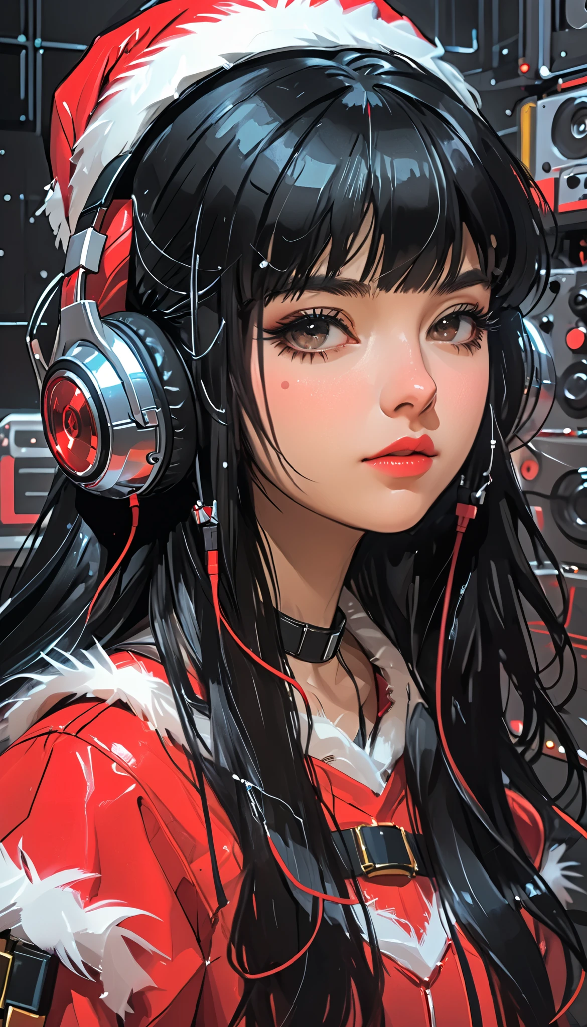  super zoom up on her face 、Close-up、sketch、KAWABI SAI、 girl、 black hair、 straight long hair、bangs、 princess cut、 headphones、 cyberpunk、 helmet 、 Santa cosplay 、 Christmas、