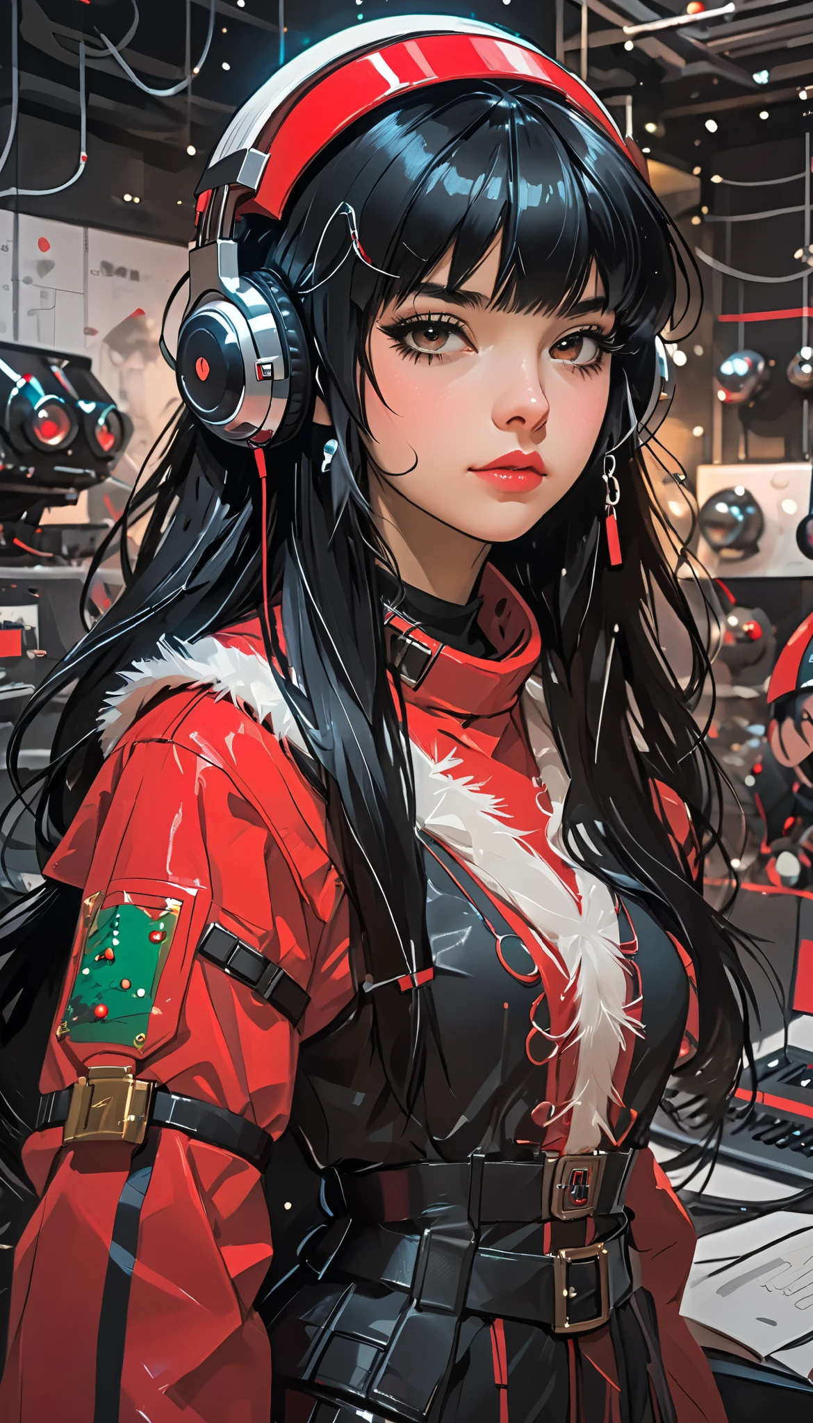  super zoom up on her face 、Close-up、sketch、KAWABI SAI、 girl、 black hair、 straight long hair、bangs、 princess cut、 headphones、 cyberpunk、 helmet 、 Santa cosplay 、 Christmas、