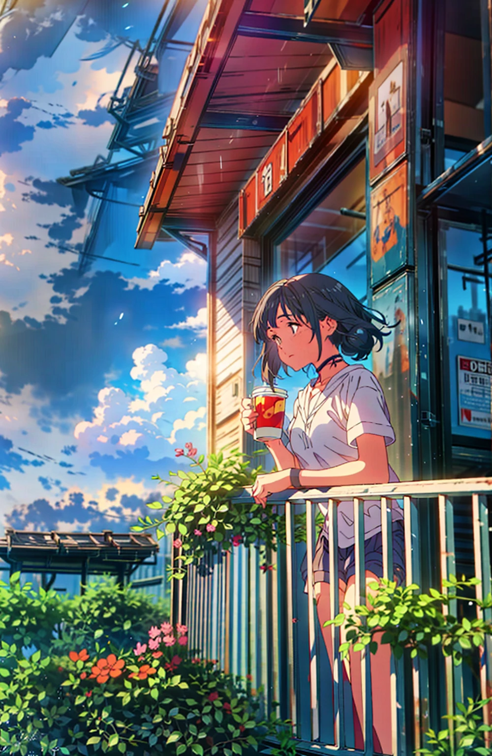 a girl standing on a balcony with a cup of coffee, cgsociety 9, chillhop, alena aenami and artgerm, makoto shinkai and artgerm, lofi girl aesthetic, anime scenery, makoto shinkai and (cain kuga), lofi aesthetic, anime landscape, anime nature, roof background, anime wallaper