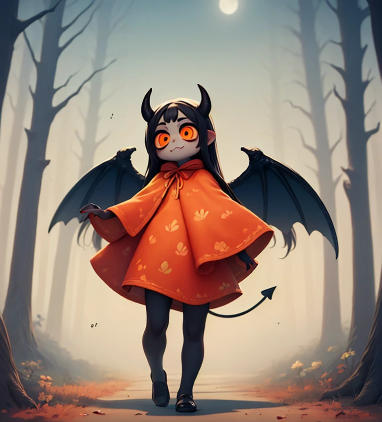 Hzk,Alone,  1 girl,(devil:1.6), cute,(Dancing:1.4),   Evil Smiles  ,Long nails,  orange eyes before the hunt,( look down:1.3),Wearing a cape\((Very large:1.5),(Very long:1.3),(Traditional_ pattern:1.2)\), break ,Sheet Music, (dead tree:1.3),  in the forest ,shadow_\(bat,Crow\), break ,8k,  wallpaperで歌われる, ​masterpiece,   High Definition   , top quality , top quality  real texture skin,  surrealist  ,  increase resolution  ,  RAW photos ,  top quality  ,   High Definition  , wallpaper,  cinematic lighting ,  ray trace,Golden Ratio，  Colorful and Cute Cochineal's Father by Owl Under Guard ，