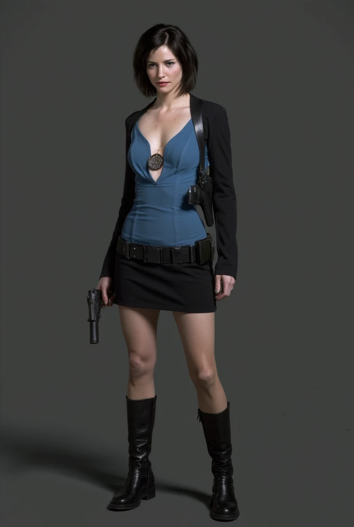 Sienna Guillory as Jill Valentine, black boots, black hair, skirt, blue top, Resident Evil Apocalypse, deep cleavage, cleavage.