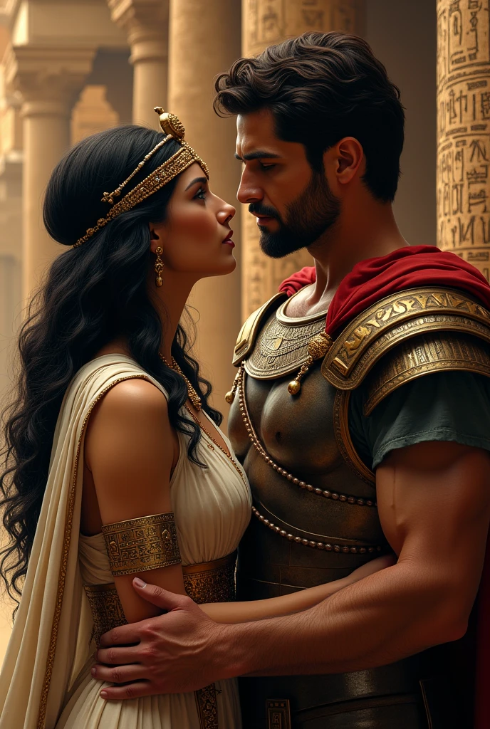 A realistic and intimate portrayal of Cleopatra and Julius Caesar sharing a tender kiss in a lavish Egyptian palace. Cleopatra, dressed in an elegant white gown with gold accents, wears a royal headdress adorned with jewels, her dark hair flowing down her shoulders. Julius Caesar, in his Roman military attire with a red cloak draped over his shoulder, holds Cleopatra gently. The background features tall marble columns, intricate hieroglyphics on the walls, and a warm golden light filtering through ornate drapery. The moment is captured with a mix of passion and historical grandeur, reflecting the powerful bond between these two iconic figures."