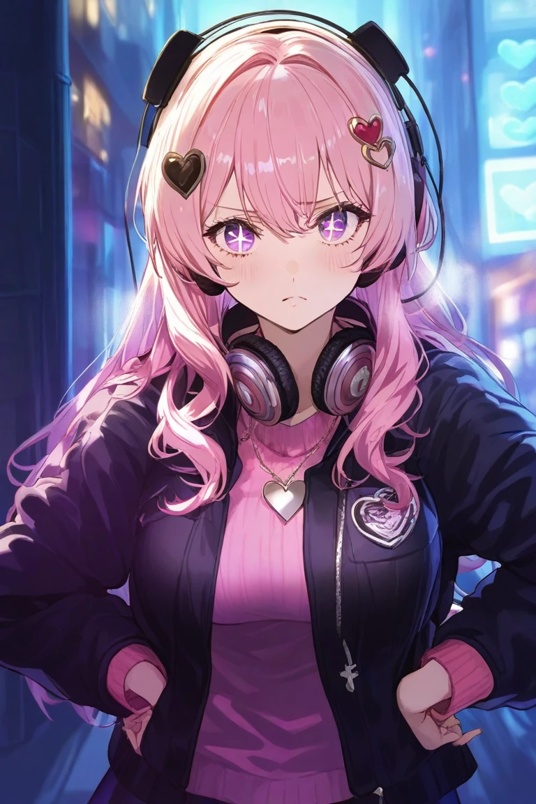 masterpiece,  top quality , Great quality,  very sophisticated ,  absurd, One girl , Alone, neon,  long hair, Bend,  is a woman who seems to be strong ,  viewers,  pink hair,  Long Sleeve ,  black bomber jacket,  heart hair ornament ,   closed mouse, double knot hair , whole body, Outdoor,  window, headphone with neck , frown, pink knit ,  backlight,  putting hands on her hips , academic ability, + +,  symbol shaped pupil 