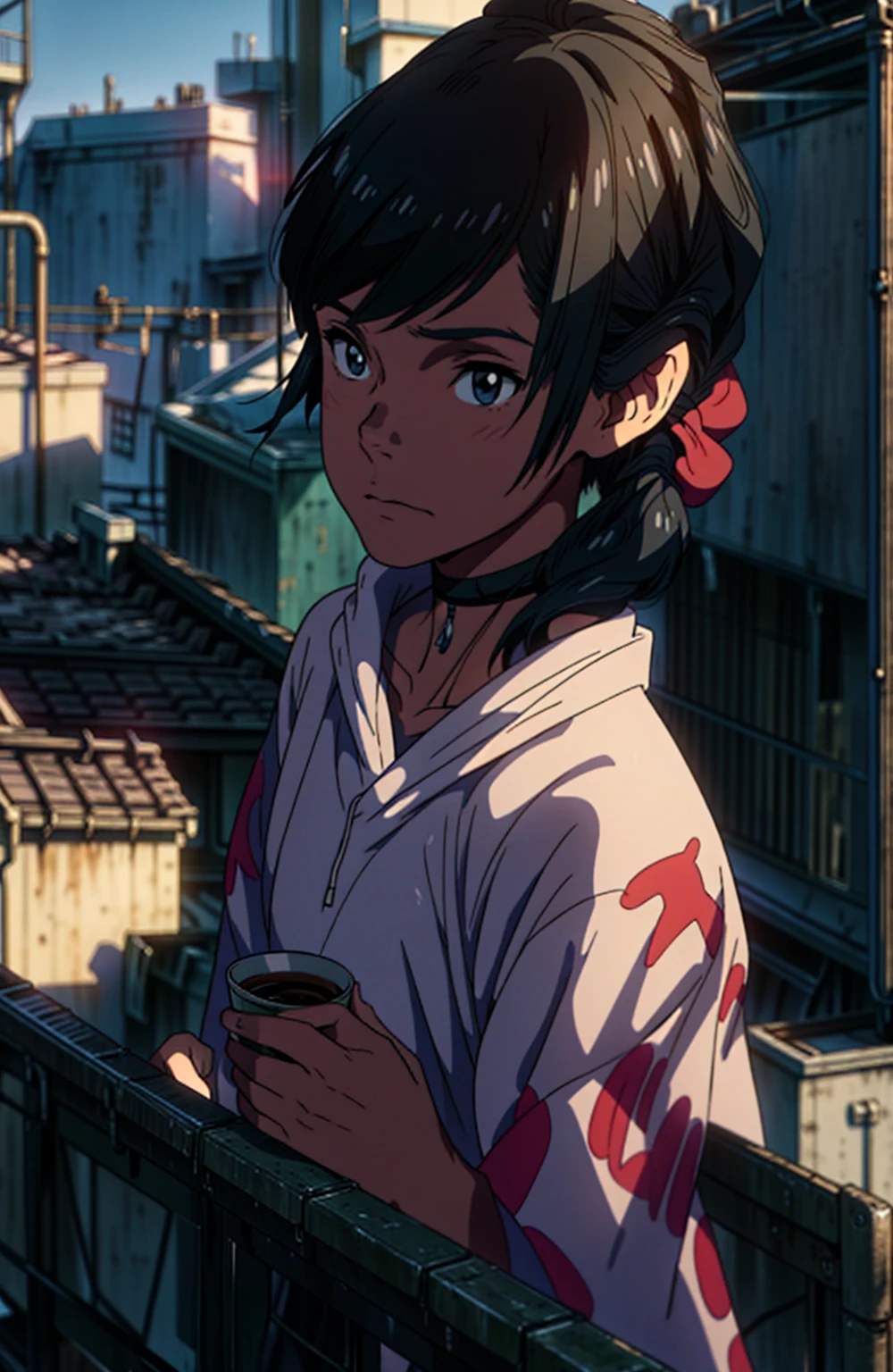 a girl standing on a balcony with a cup of coffee, cgsociety 9, chillhop, alena aenami and artgerm, makoto shinkai and artgerm, lofi girl aesthetic, anime scenery, makoto shinkai and (cain kuga), lofi aesthetic, anime landscape, anime nature, roof background, anime wallaper