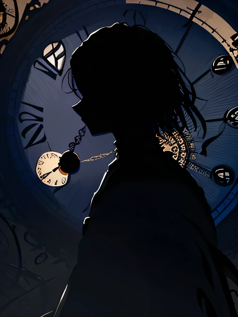 (a silhouette of a man holding a pocket watch, surrounded by snakes and a strange atmosphere), drawing, detailed eyes, detailed lips, extremely detailed eyes and face, long eyelashes, dark and mysterious background, surreal style, vibrant colors, lighting realistic, best quality, high resolution, mysterious atmosphere, snakeskin texture, tormented mood, intricate details, hauntingly beautiful composition, masterful brush strokes, atmospheric lighting, fascinating concept art, intricate clock mechanism, enigmatic shadows, high contrast, surreal shadows, mystical atmosphere