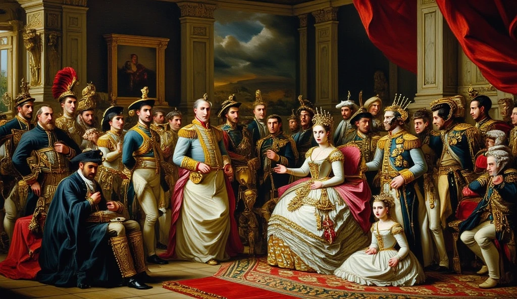 "Reimagine Jacques-Louis David's painting *The Coronation of Napoleon* with characters from *Attack on Titan*. Place Historia, Eren, Mikasa, and other key characters in the scene, where Historia takes the role of Josephine, and Eren as Napoleon. Mikasa stands beside them, and other *Attack on Titan* characters fill the rest of the ceremonial scene. The composition, grandeur, and clothing should mirror the original, but with the characters' unique outfits. Maintain the same color palette, with rich golds, deep reds, and soft blues, keeping the atmosphere of the historic moment but blending it with the *Attack on Titan* universe."