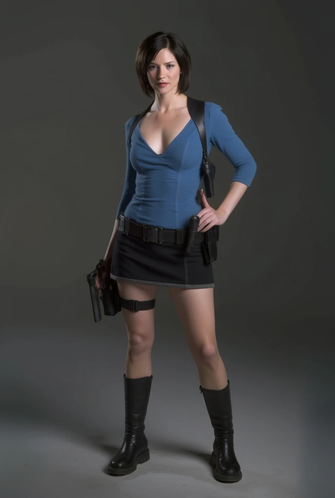 Sienna Guillory as Jill Valentine, black boots, black hair, skirt, blue top, Resident Evil Apocalypse, deep cleavage, cleavage.