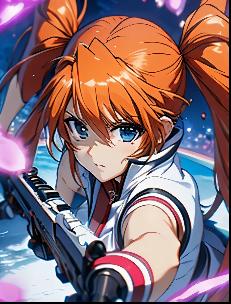 （（（ＳＦＷ、Precision、Highest quality、A first-class masterpiece、Normal body、8k、  Detailed Face 、Ultra-precision、 Normal hand、５refer to、Highest）））、"Magical Girl Lyrical Nanoh"、Tiana Lanster、Orange Hair、 twin tails、、Big Breasts、 Magical Girl 、red and black zipper shirt、White jacket、 black shorts 、white side skirt、Magic Pistol 、Sniper、 concentrates magic on the muzzle