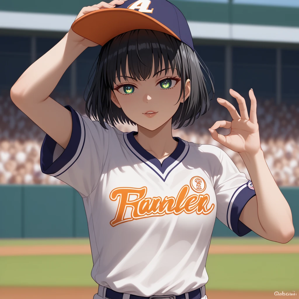 Anime artwork in the style of Adachi Mitsuru. A young woman with short, dark, slightly layered bob hair is wearing a dark-colored simple shirt. Teenage baseball players in similarly light-colored uniforms, featuring a team logo that says 'MeiSei,' are partially overlaid in the mid-ground. One is pitching, and the other is catching. The girl is placed in the foreground, her gaze directed slightly away from the players. Soft line art, delicate coloring, expressive eyes, with a slightly nostalgic atmosphere. Focus on capturing the emotional nuance of a quiet moment."

Here's a refined prompt based on your analysis of the image, formatted as requested:

(Anime girl:1.2), (short black hair:1.0), (simple dark shirt:1.0), (MeiSei uniform:1.1), (baseball players:1.1), (pitching pose:1.0), (catching pose:1.0), (soft lineart:1.0), (delicate coloring:1.0), (expressive eyes:1.2), (nostalgic atmosphere:1.0), (quiet moment:1.0), (Adachi Mitsuru style:1.3), (teenage boys:1.0), (slightly off-gaze:0.8)