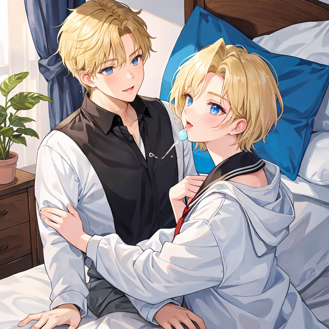 blond male student(Short Hair)I'm licking a lot of milk drops spilled on my hands on the bed