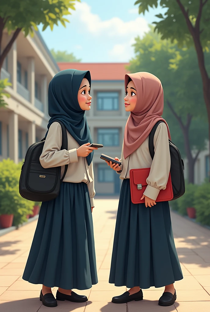 Animated image of an Indonesian girl with a pink Niqab and the other girl with pants and a university blouse without a niqab