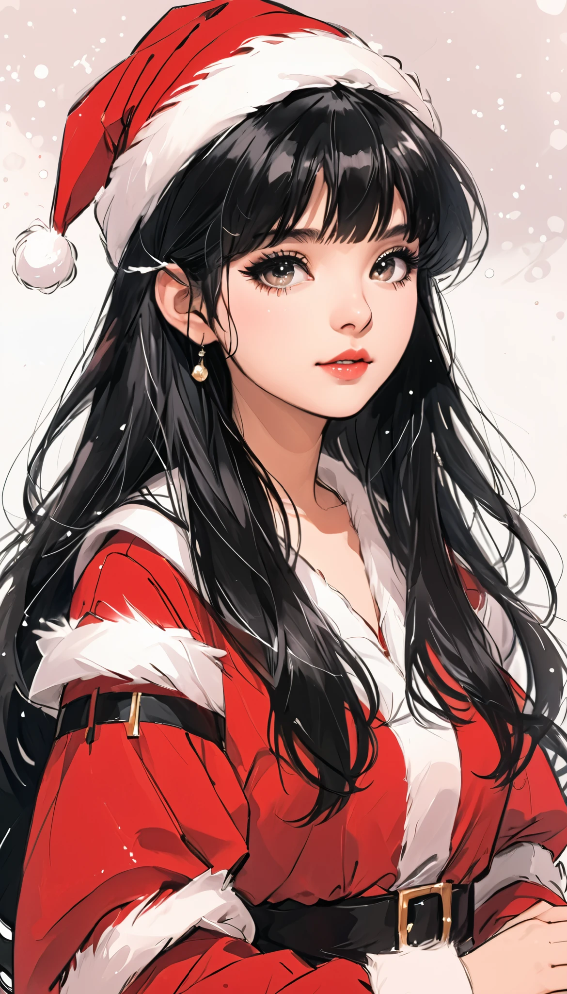  super zoom up on her face 、Close-up、sketch、KAWABI SAI、 girl、 black hair、 straight long hair、bangs、 princess cut、 Santa cosplay 、 Christmas、