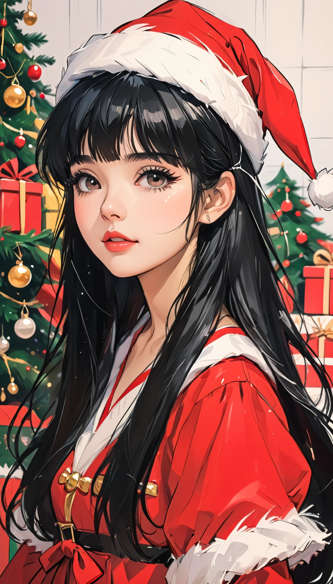  super zoom up on her face 、Close-up、sketch、KAWABI SAI、 girl、 black hair、 straight long hair、bangs、 princess cut、 Santa cosplay 、 Christmas、