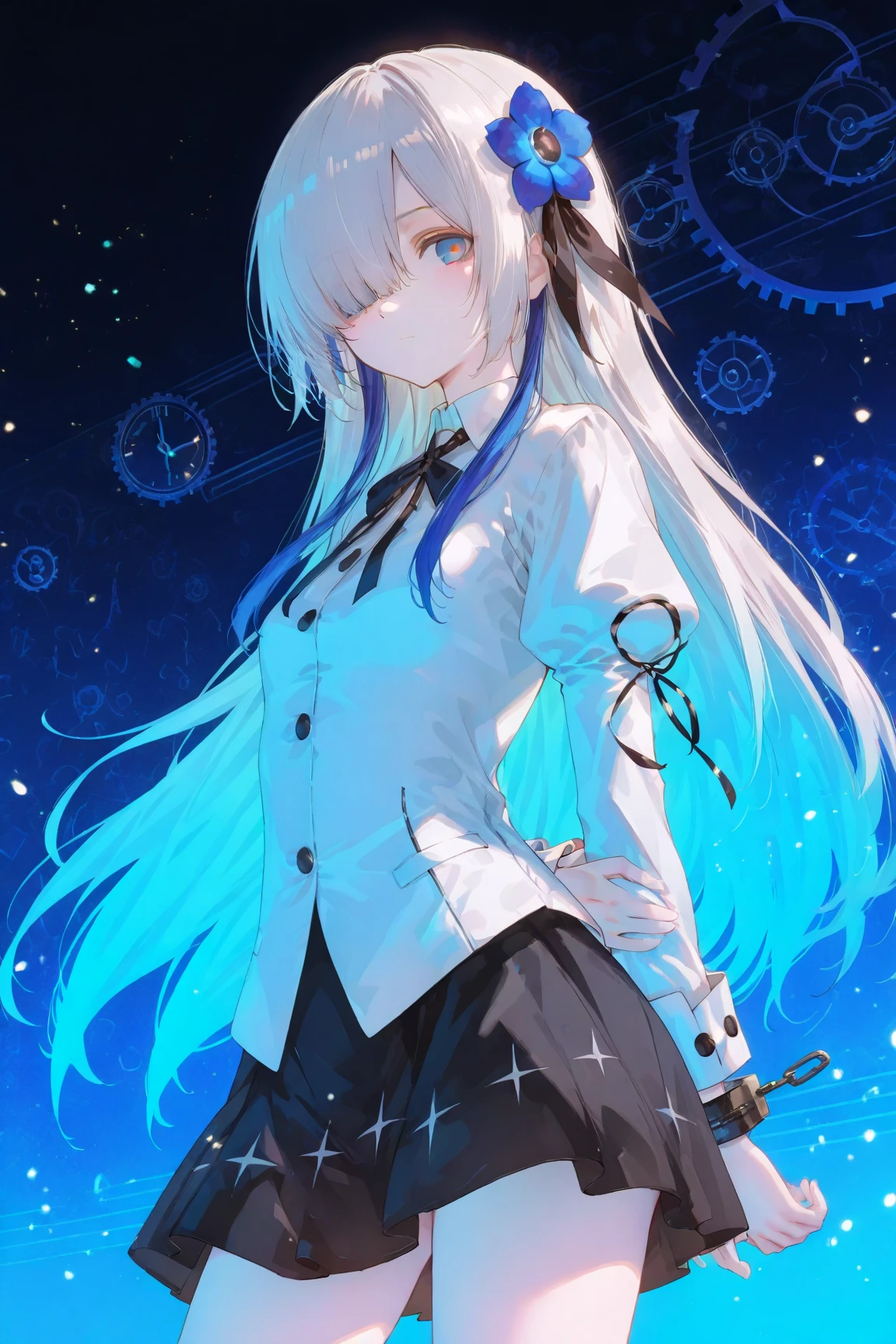 1girl,solo,isekai joucho\(kamitsubaki studio\),hair over one eye,hair ornament,multicolored hair,white hair,long hair,hair flower,flower,two-tone hair
,BREAK sleeves,dress,shirt,light particles,cuffs,black bow,ribbon,skirt,
,BREAK expressionless
,BREAK contrapposto,arms behind back
,BREAK masterpiece,best quality,amazing quality,very aesthetic,absurdres,by wanke
,BREAK Clock and Gear Pattern Background,simple background,Glowing geometric background