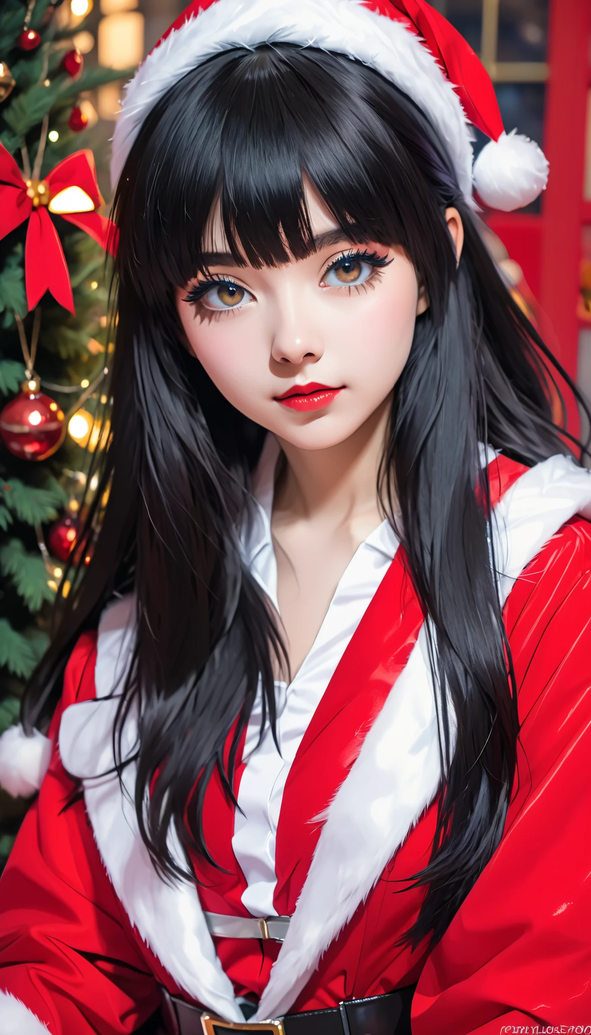  super zoom up on her face 、Close-up、 girl、 black hair、 straight long hair、bangs、 princess cut、 Santa cosplay 、 Christmas、