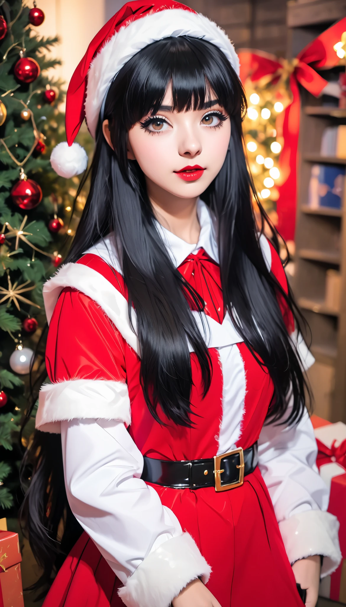  super zoom up on her face 、Close-up、 girl、 black hair、 straight long hair、bangs、 princess cut、 Santa cosplay 、 Christmas、