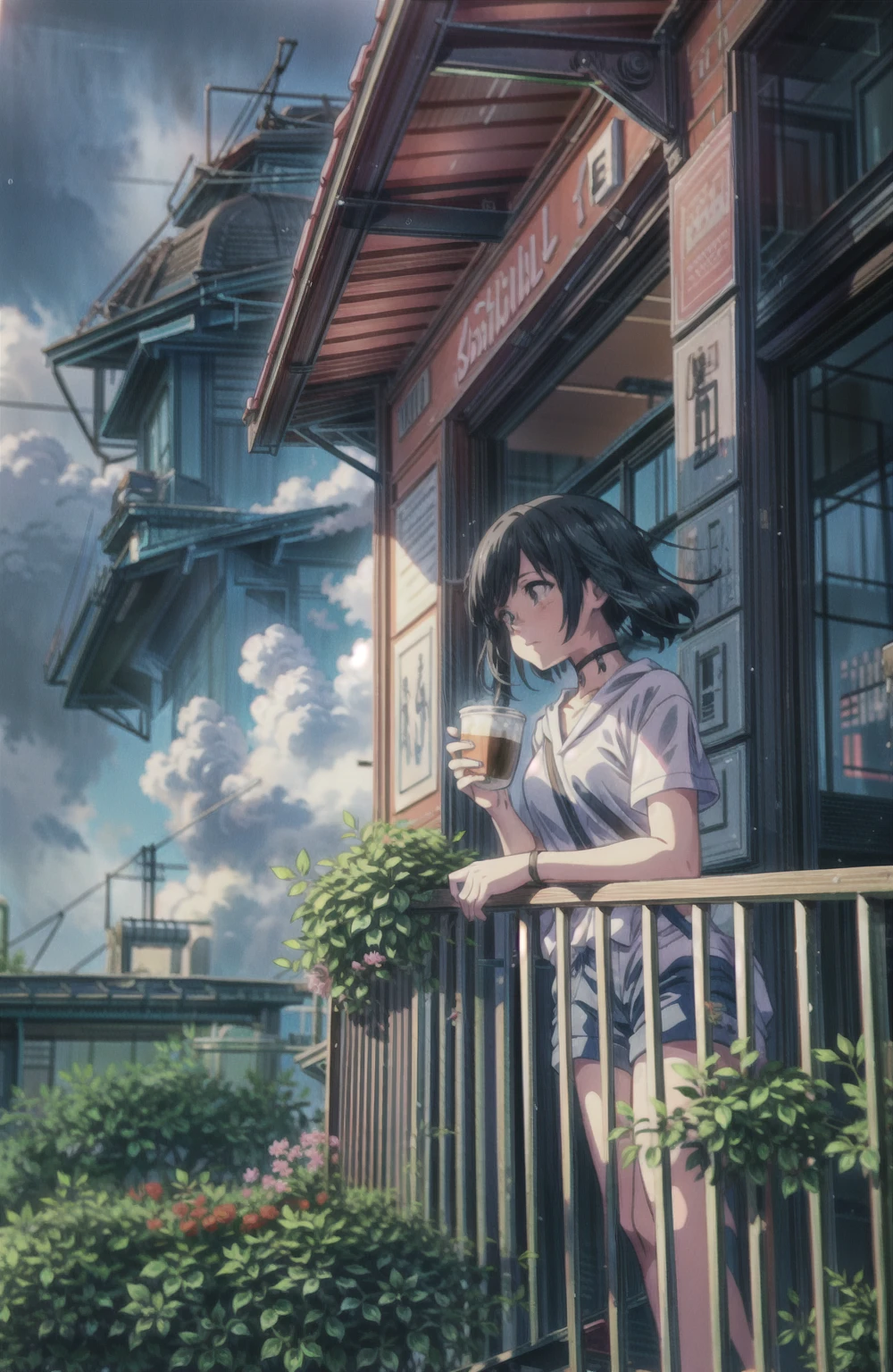 a girl standing on a balcony with a cup of coffee, cgsociety 9, chillhop, alena aenami and artgerm, makoto shinkai and artgerm, lofi girl aesthetic, anime scenery, makoto shinkai and (cain kuga), lofi aesthetic, anime landscape, anime nature, roof background, anime wallaper