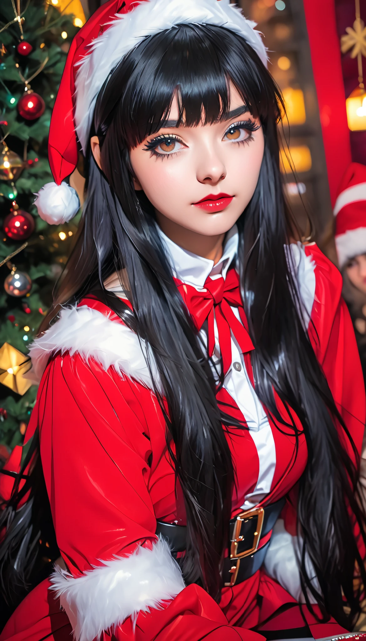  super zoom up on her face 、Close-up、 girl、 black hair、 straight long hair、bangs、 princess cut、sexy Santa cosplay、 Christmas、