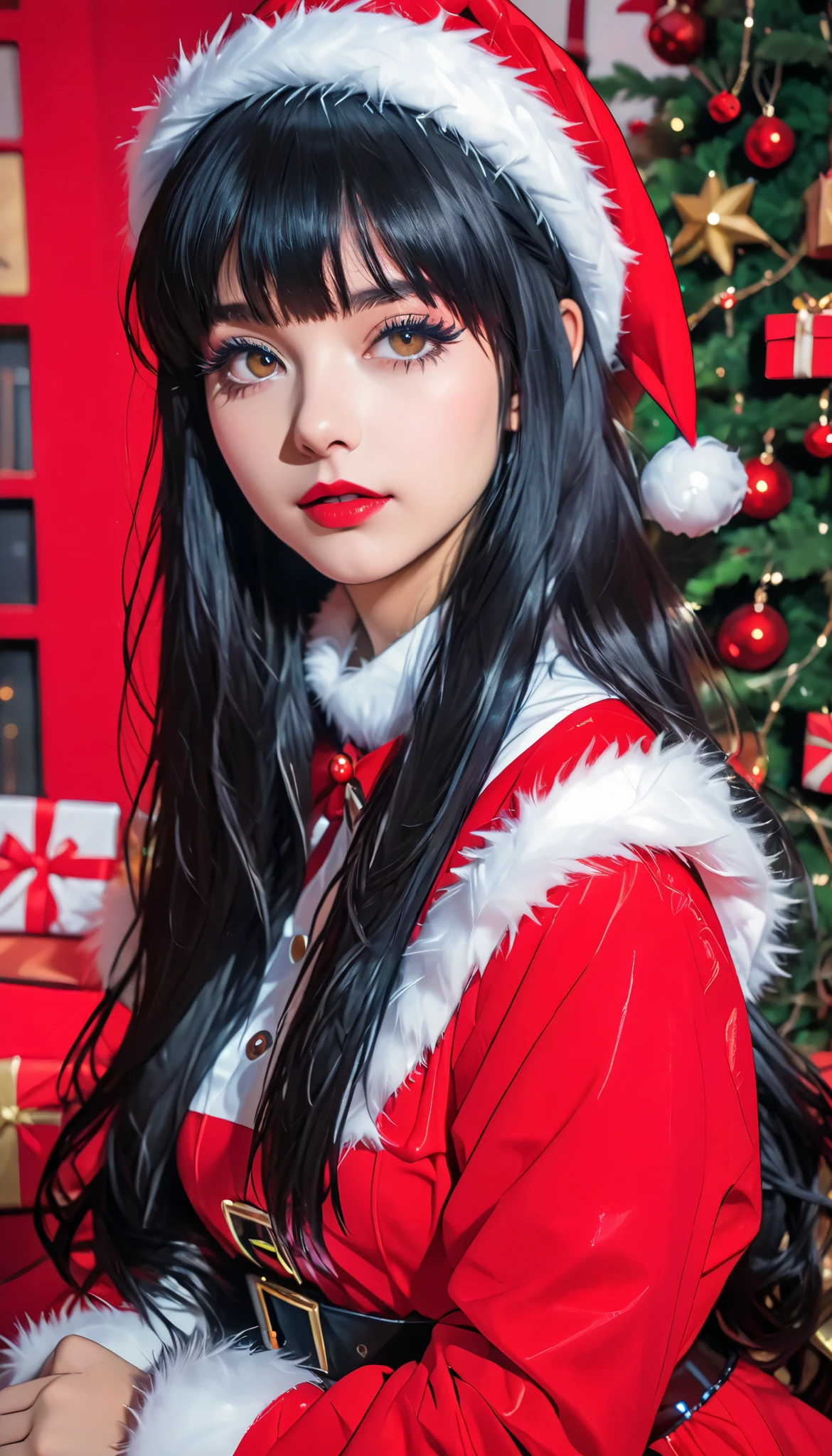  super zoom up on her face 、Close-up、 girl、 black hair、 straight long hair、bangs、 princess cut、sexy Santa cosplay、 Christmas、