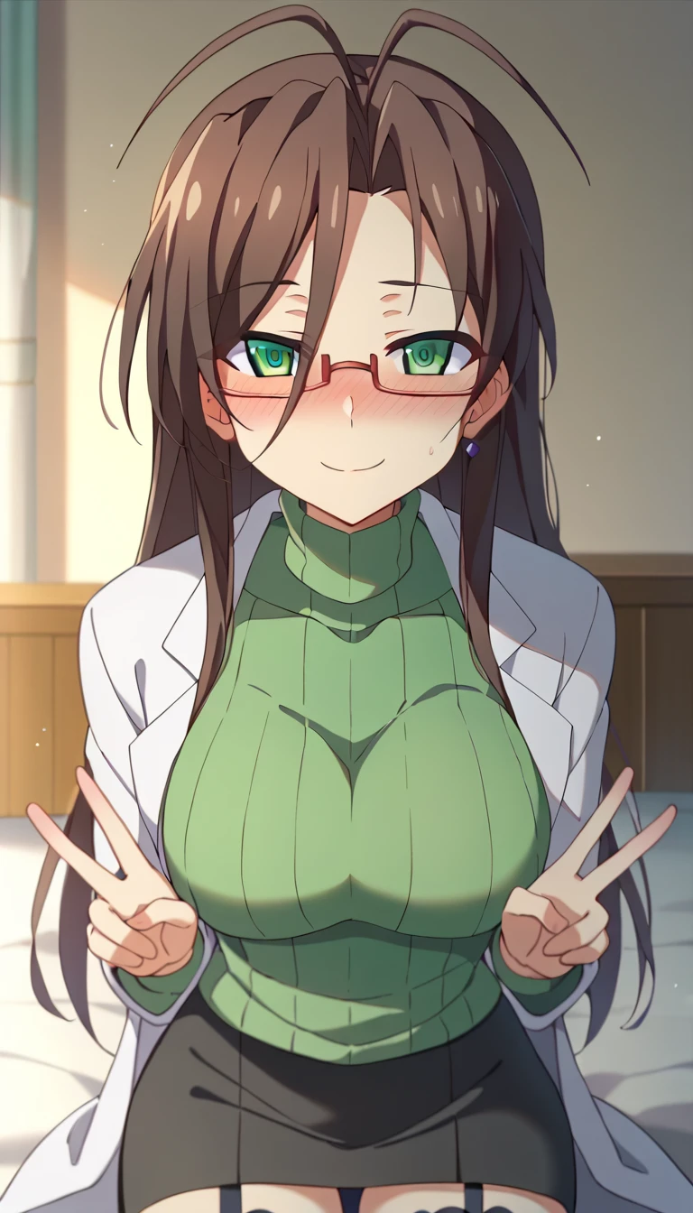 score_9、score_8_up、score_7_up、source_anime、長谷川Senri、 mature woman、 1 girl、 troubled smile、 squint、blush、 close your mouth、 brown hair 、 green eyes、 hair like antennae 、 long hair、 half-rimless glasses 、Senri、I can take off my white coat 、 seen from the front、Green Sweater、 turtleneck、Chest、 garter strap 、 Black Knee Socks、 black skirt、 pencil skirt 、 Lace Panties 、 looking at the viewer 、indoor、Health Room、Bed in the background、White curtain in the background、blush、 upper body、Hold an unused condom with your mouth、One-handed peace sign