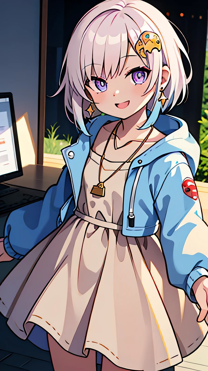 masutepiece, Best Quality, Raw photorealism, Smile, Big smile, Happy expression, charming beautiful girl, Cute, Short hair, Very short hair, small  ,parka,Pro Gamers, depth of fields, High resolution, Ultra Detail, Very detailed eyes and face, Sharp pupils, Realistic pupils, upperbody shot,standup, Big necklace, Big Gold Earrings, Huge earrings,  Movie Lighting, Soft lighting, ((FLAT BREAST)) (((big dumpy))