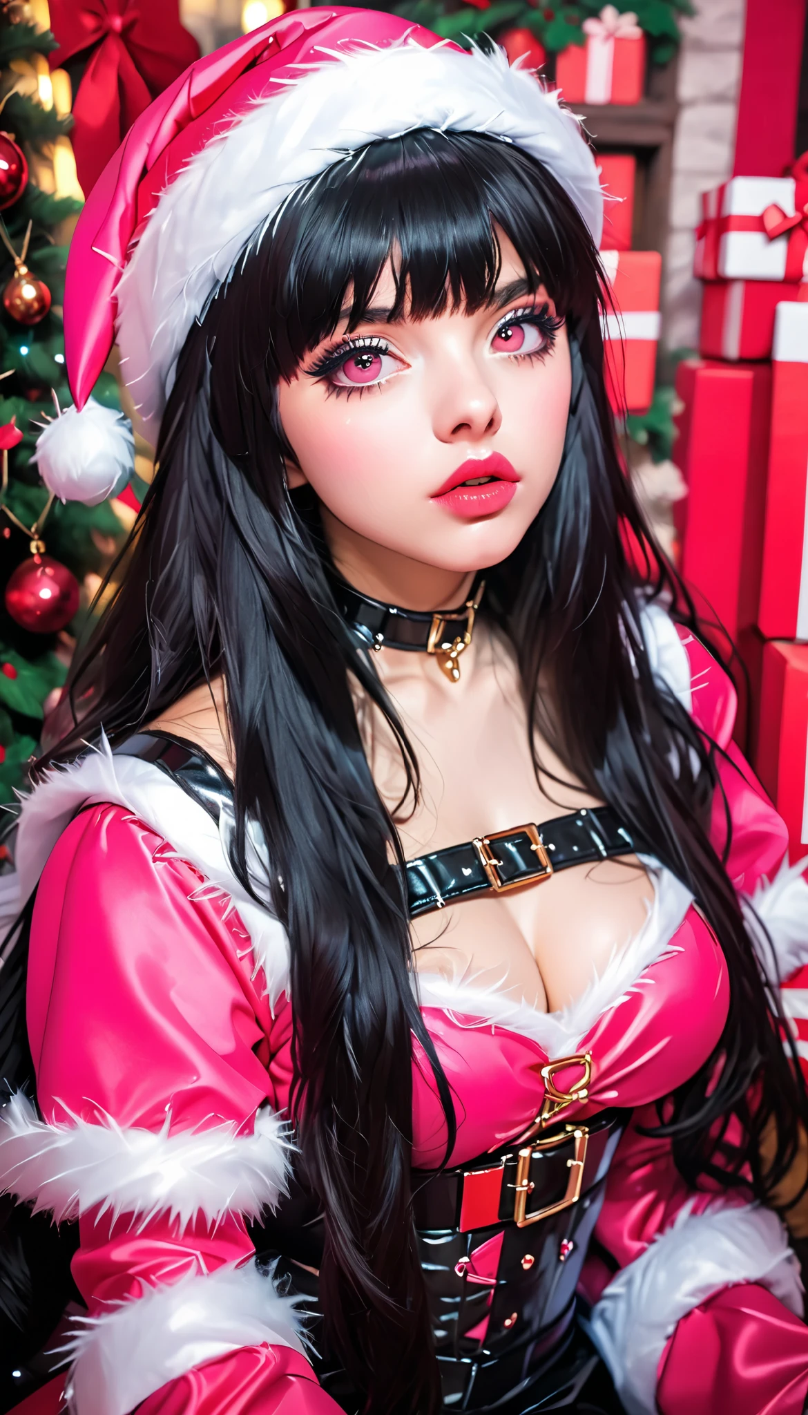  super zoom up on her face 、Close-up、 girl、 black hair、 straight long hair、bangs、 princess cut、 pink lips、Thick lower lip、 Big Breasts 、Hollow Eyes、sexy Santa cosplay、 Christmas、
