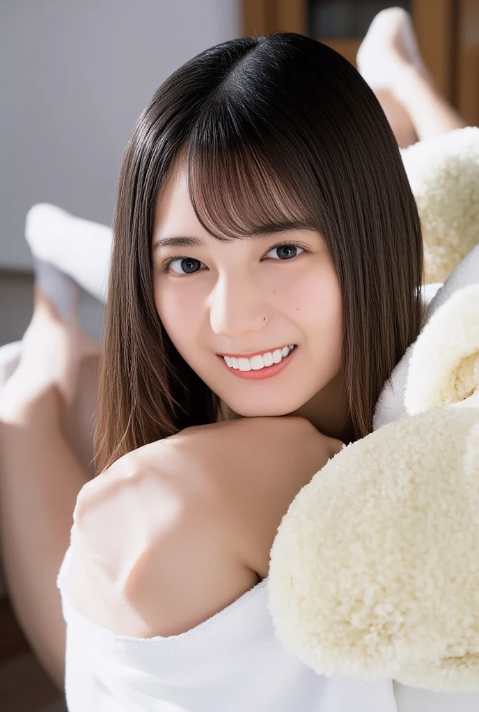 (((top-down configuration:1.4))), (best quality:1.4), (ultra highres:1.2), (photorealistic:1.4), (16k, RAW photo:1.2), (portrait shot:1.3), professional lighting, Japanese goddess, gravure, detailed face and skin texture, detailed eyes, looking at camera, nsfw, beautiful eyes, detailed eyes, beautiful face, detailed face, ((smile:1.3)), (highest quality), glowing skin, (smooth lighting:1.2), (cinema lighting:1.2), (brown long hair), (bangs:1.4), ((off shoulder:1.2)), (bare shoulder:1.2), ((emphasize cleavage:1.4)), (bare thighs:1.2), (white thighs:1.1), sitting down, seiza, (leaning forward), (hands on knee), from slightly above