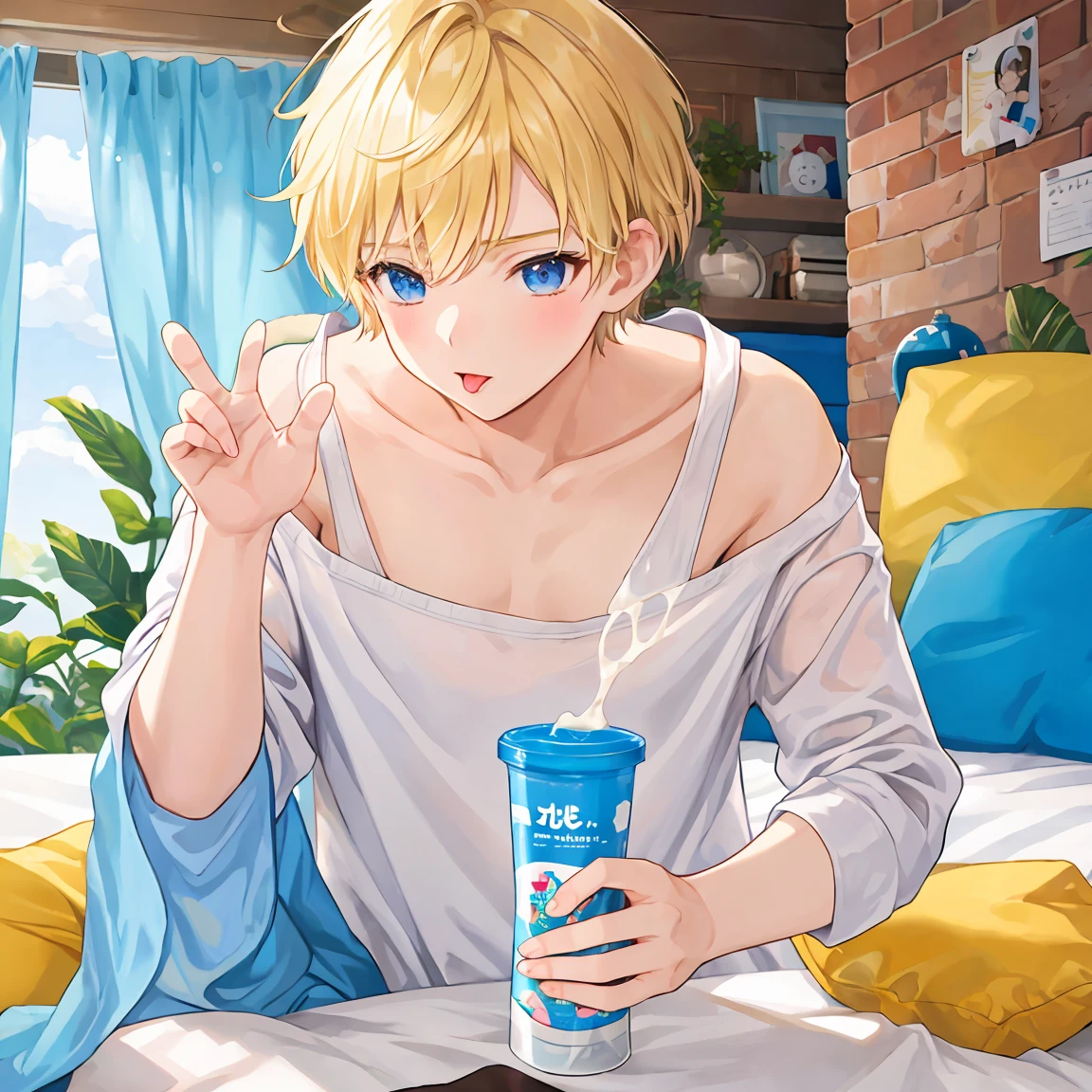 blond male student (Short Hair) I'm naked licking the milk on my hand on the bed