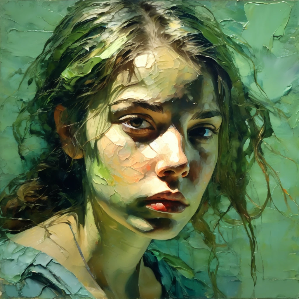 (Realistic, Expressionism, Impasto, Dry Brush), oil painting, head of a girl with medium length hair, melancholy, lyrical atmosphere, long lashes, (light from oblique above, light and shadow: 1.2), Malcolm Lipke, Frans Hals, simple background of dull blue-green color, award-winning, super detailed, top quality, masterpiece