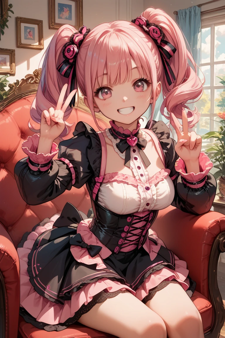 score_9, score_8_up, score_7_up,source_anime,anatomically correct, 1 cute girl, pink hair, twintail, black ribbon, medium breasts, Lolita style clothes in black,mini skirt, pink eyes、Sit in a chair.happy smile.from front. peace sign on the side of the face with faux fur