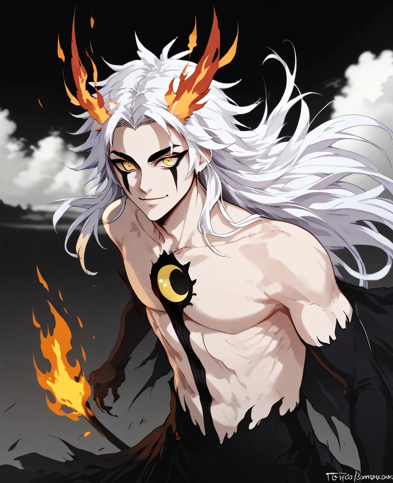 man, flaming hair, white skin, jentry chau style, anime style, fire powers, yellow eyes, white hair, third eye on forehead, voluminous hair, sky, smile, kitsune style, strong, Kyojuro Rengoku, cat eyes, eye on forehead, claws covered in fire