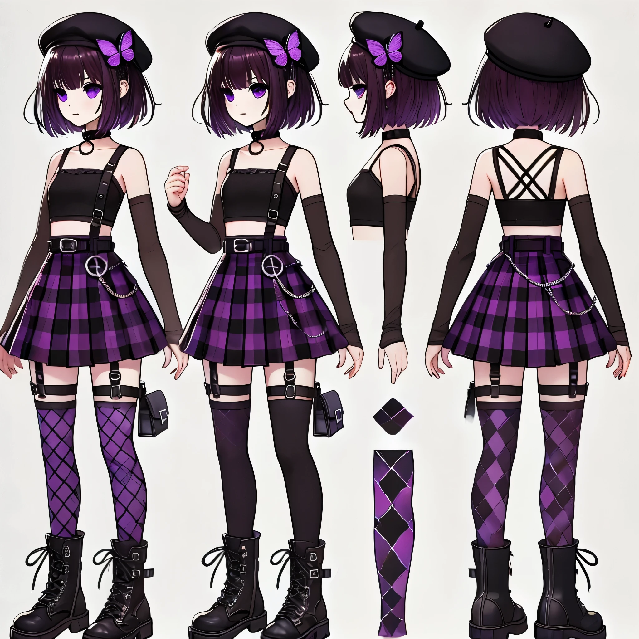 1girll，Personal illustrator，leg loops，leg holsters，mitts，（very intricate），Exquisite，Complex hairstyles，Purple skirt，frilld，short  skirt，Bow knot，Cross straps，bandagens，Y2K，E-girls，Emotional，non-mainstream，long whitr hair，Love decoration，subculture，Sick，laughingly，（Avant-garde and innovative clothing design），Socks with a sense of design，waist chains，platform footwear，Glowing ornaments，Long boot leg covers，thongs，cyber punk perssonage，Lace socks，Openwork design，（lolita fashion：0.5）