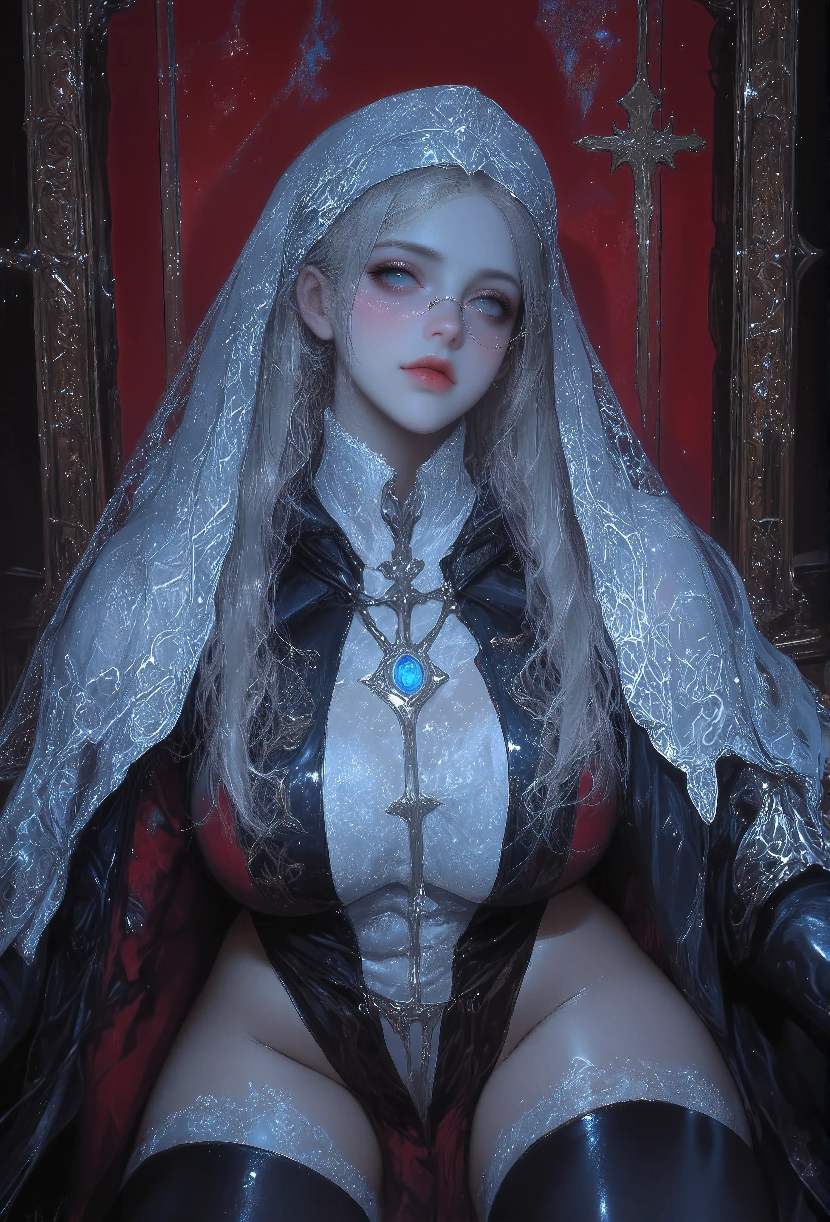 very detaild, 8k, 1girl look at me, white style, trump, queen, luxury, exquisite digital illustration, dark fantasy, intricate art work, huge necklace with a bright blue gem, ((very gigantic breasts:1.5)), ((curvy)), sexy dress, exposed navel:1.2, dark on a wedding altar, very pale skin, ((glasses:1.2)), ((long bridal veil:1.25)), a woman's scarf, as of lace, worn over the hair and shoulders, gothic, ((pulpit with a big book)),