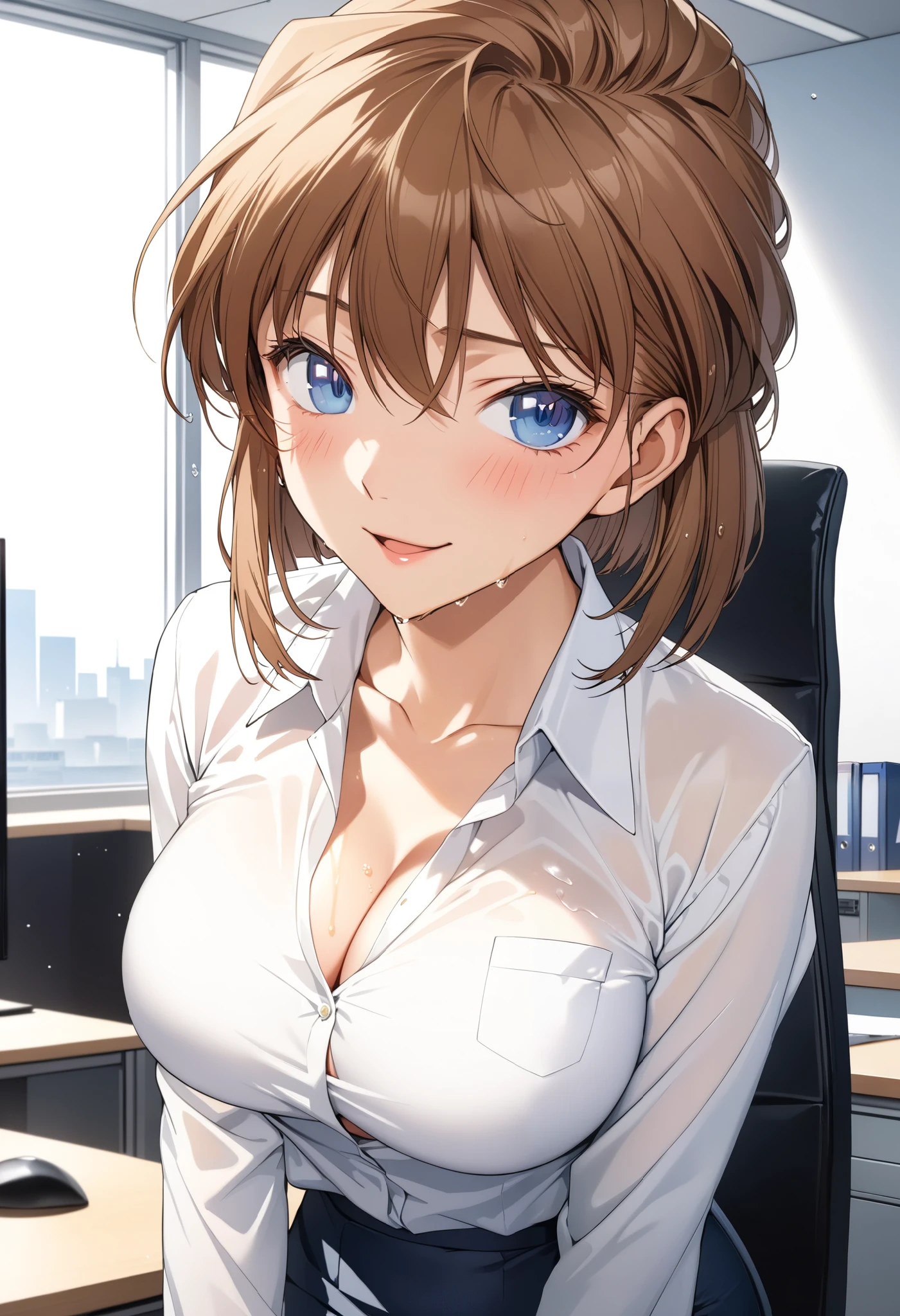 masterpiece, Best Quality, High resolution,16k,official art,super detailed skin,detailed,animated painting,Anime-style painting style, 1990s \(style\),(F cup beautiful breasts)、clevage,underboob,25years old, (tall:1.2),height: 175cm,Fashion model body type, Miyano Shiho, 1girl, solo,light smile, brown hair, blue eyes, semi-long cut hair,breasts,medium breasts, lens flare,office lady uniform,white shirts,mini skirt, , (Miyano Shiho),sexy,blush,shy, looking at viewer,in the office,superfine,(ahegao:1.1),(Vulgarity:1.1), (fucked silly:1.2),(So stupid:1.1),(orgasm:1.2),(wet:1.2),closeup