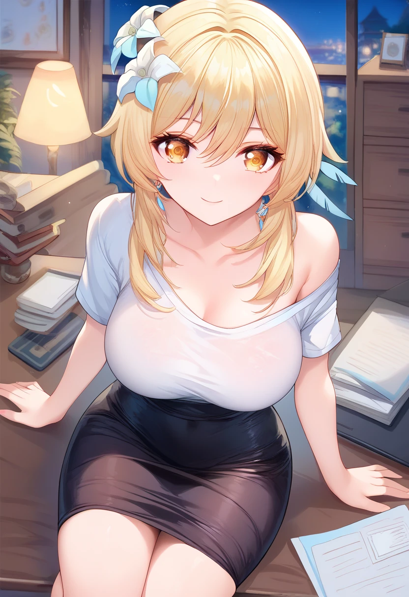 lumine (genshin impact), 1girl, milf, long hair, looking at viewer, glamorous, aroused, maternal smile, blush, sexy, large breasts, yellow hair, short sleeves ,thighs, earrings,closed mouth, secretary, off shoulder, alternate costume, indoors, Tight long dresses,black skirt, from above,sitting on futon,at night, Temptation,