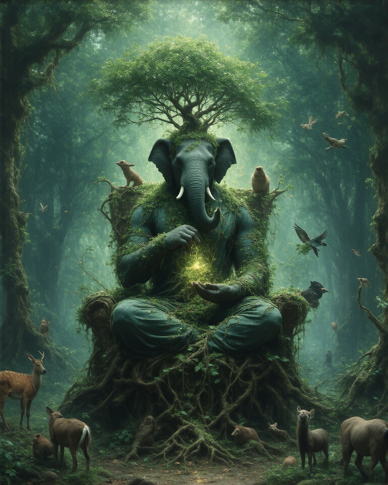 nature, seated on a throne made of intertwined roots and vines. His trunk waters a sapling, while his hands hold symbols of balance—earth, water, air, and fire. His body is adorned with leaves and blooming flowers, and animals like deer, birds, and elephants gather around him in reverence. The setting is a pristine forest illuminated by natural light streaming through the canopy, symbolizing his role as a guardian of the planet.